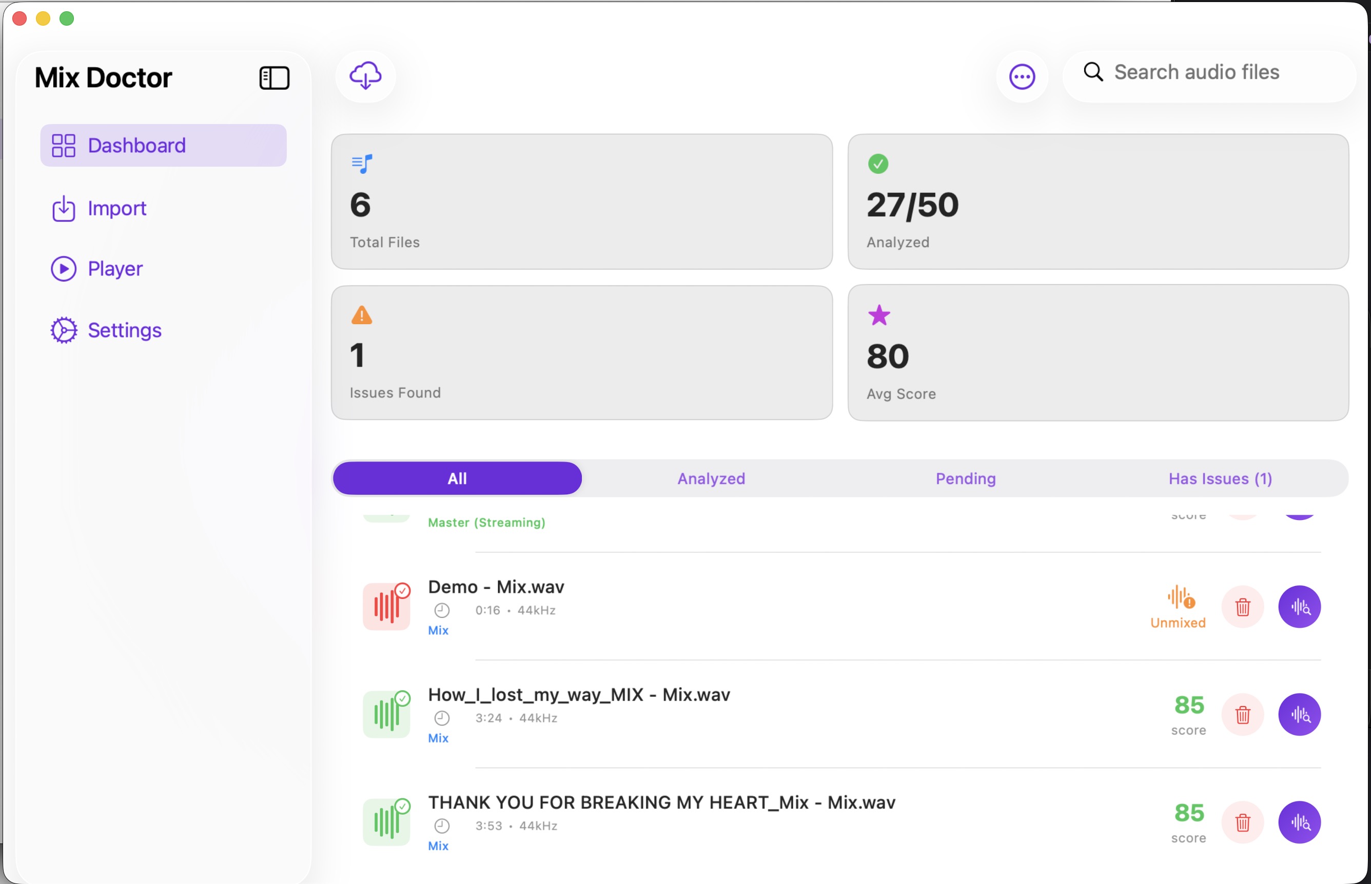 MixDoctor Dashboard - Track analysis progress and quality scores on Mac