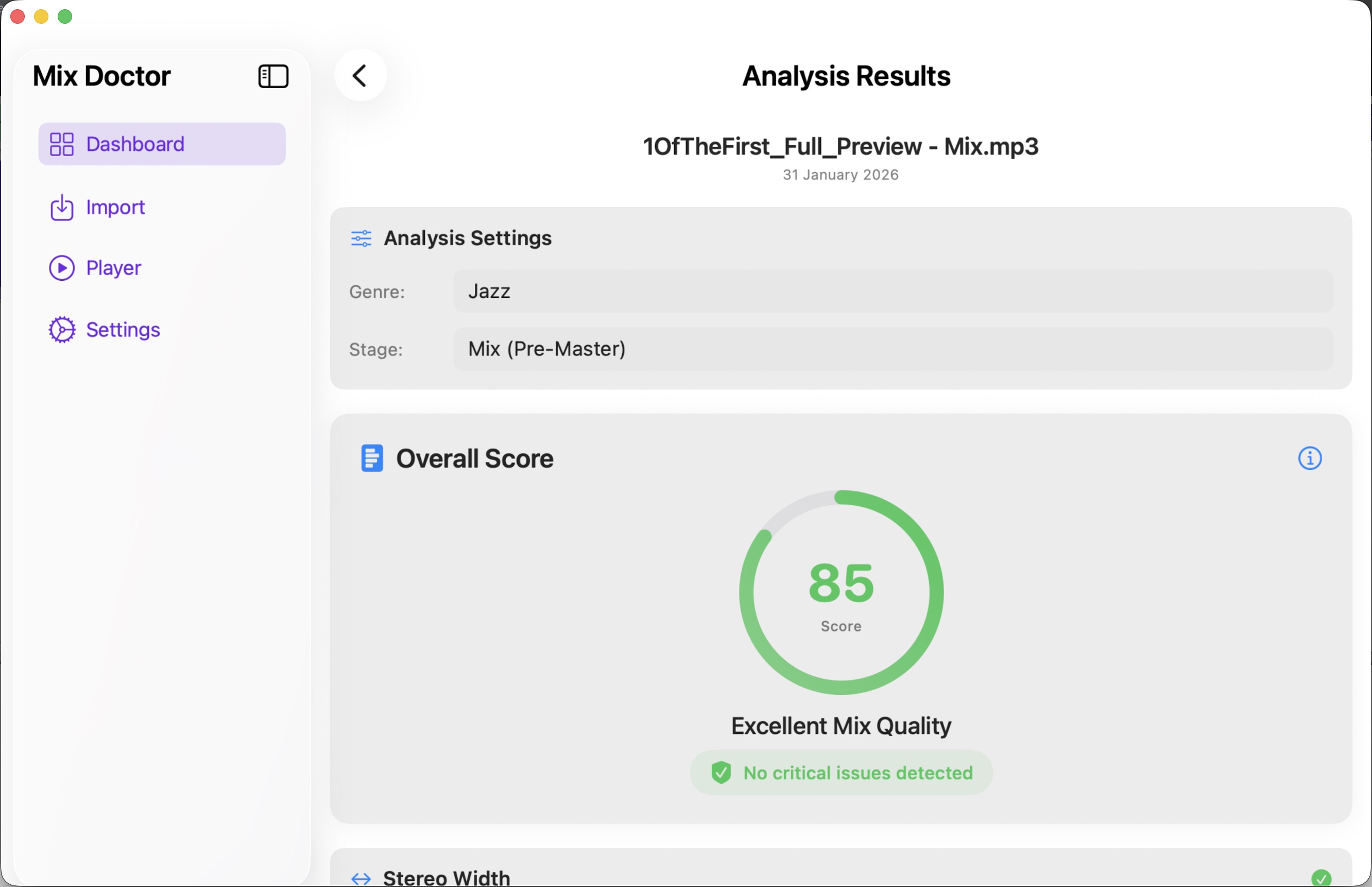 MixDoctor Analysis Results - Professional audio metrics and AI recommendations on Mac