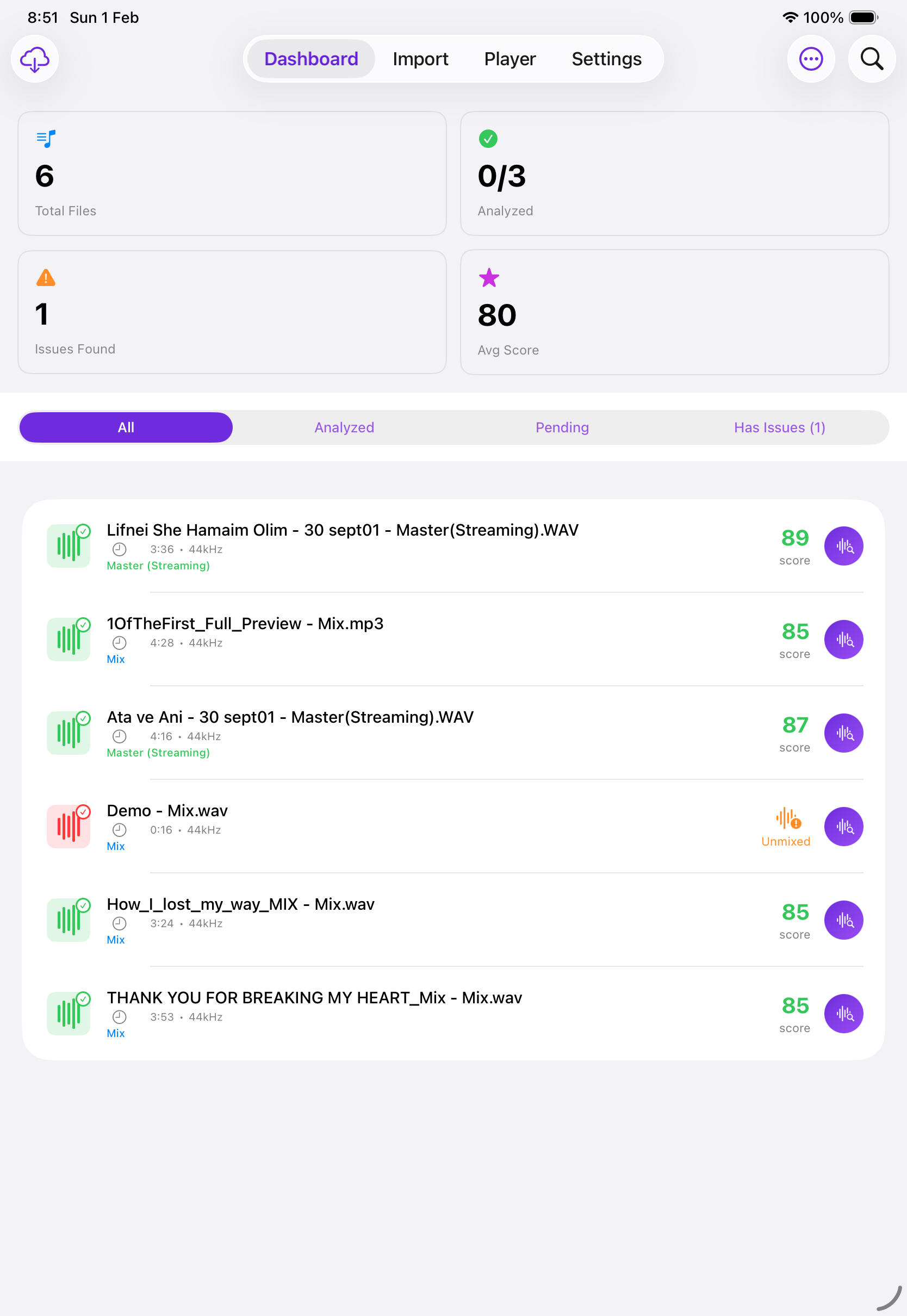 MixDoctor Dashboard - Track analysis progress and quality scores on iPad