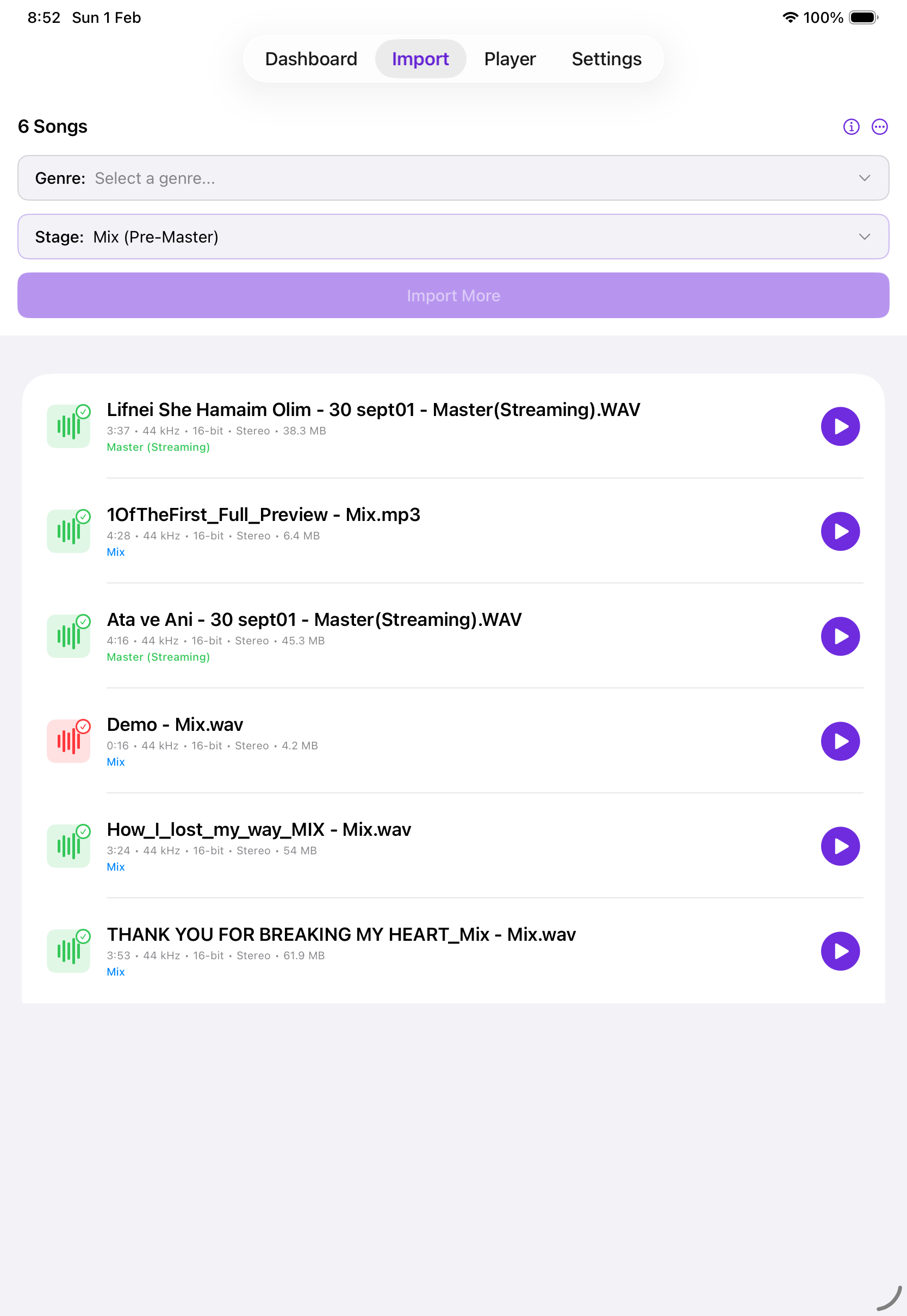 MixDoctor Import - Select genre and stage (Mix/Master) before uploading on iPad