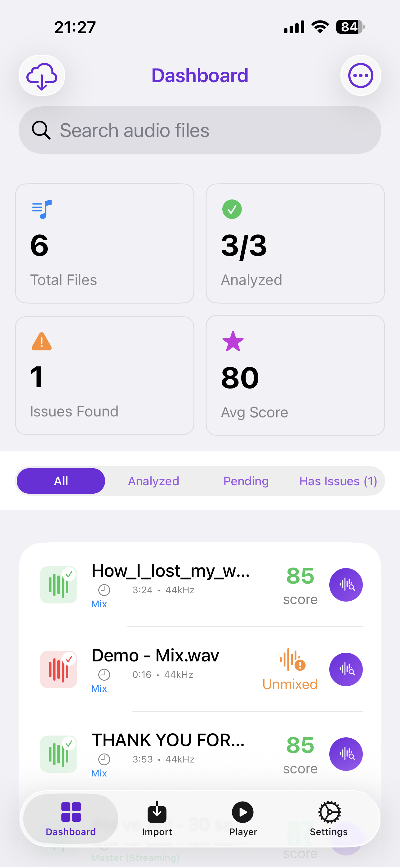MixDoctor Dashboard - Track analysis progress and quality scores on iOS